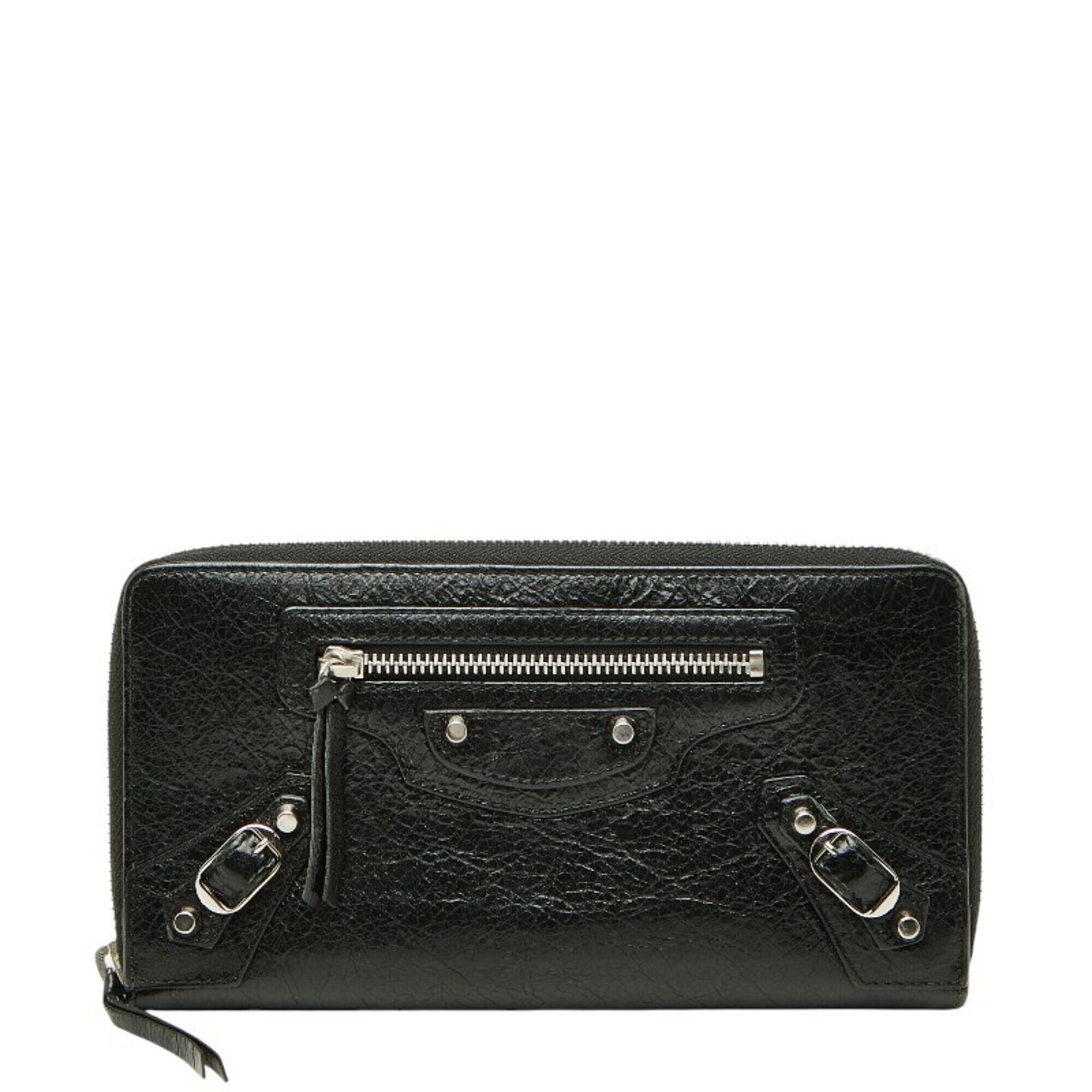 Balenciaga Classic Continental Round Zip Long Wallet 253036 Black Leather Wom...